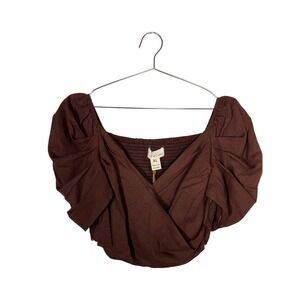 Lost in Lunar Brown Linen Blend Puff Sleeve Smocked Crop Top Boho XL